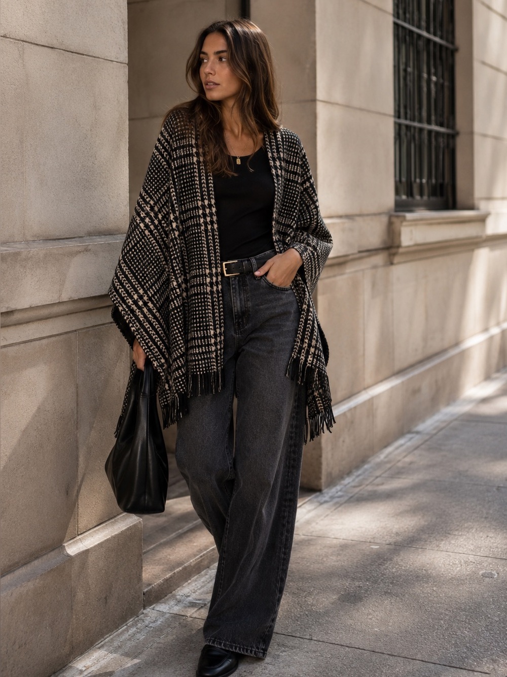 Houndstooth Plaid Ruana Wrap Fringe Shawl Black White OS